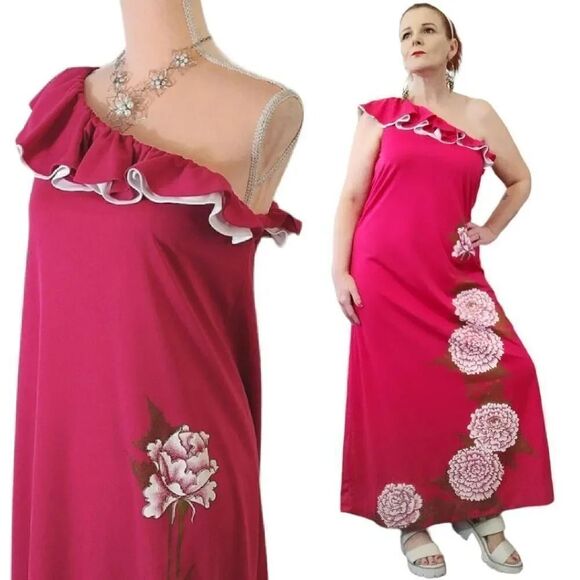Alfred Shaheen RARE 70s Pink One Shoulder Floral Maxi Dress Size 10  *up to XL - Picture 1 of 13